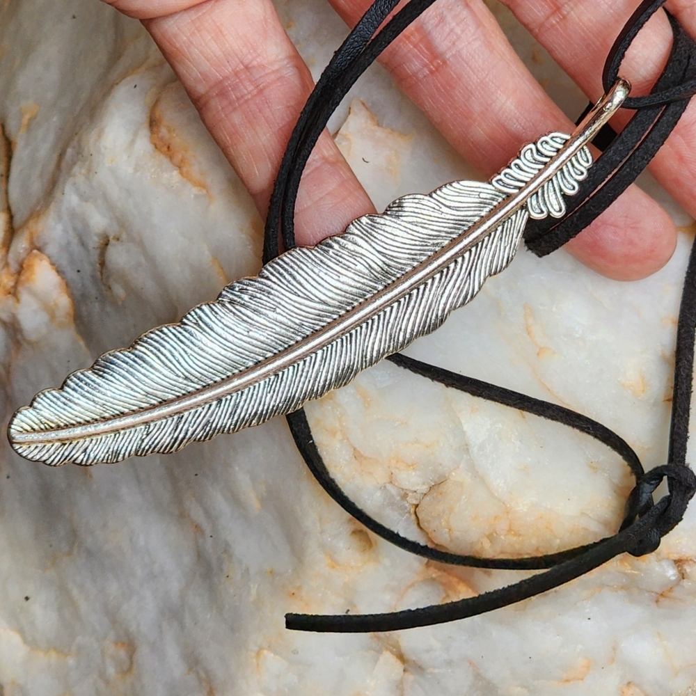 Johnny Was Jewelry Large Silver Pendant Feather Charm Black Cord Boho - Picture 4 of 12